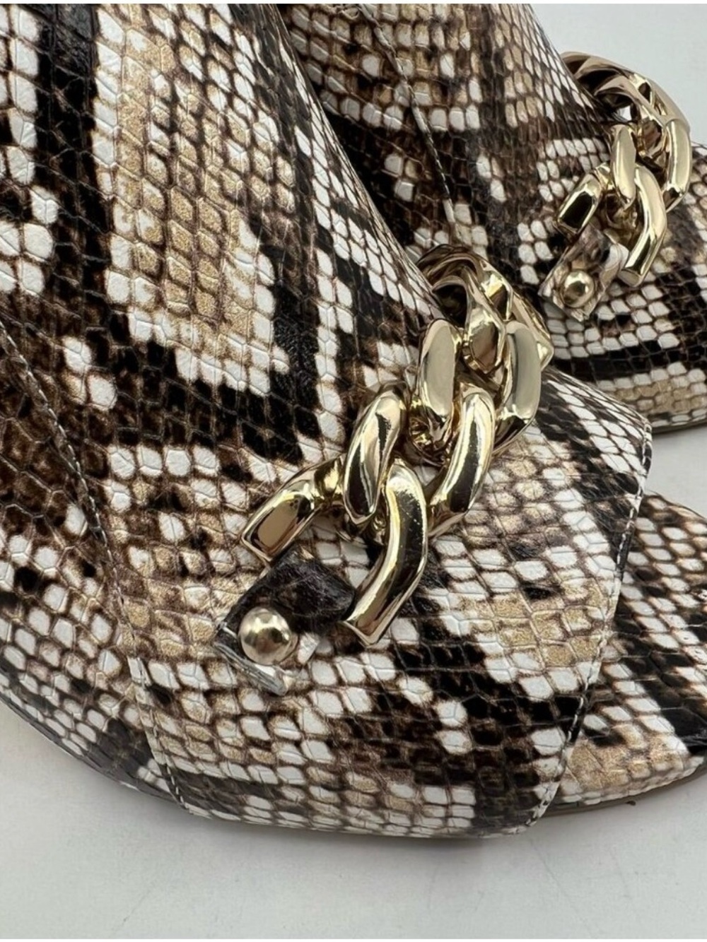 White House Black Market Snakeskin Print Chain-Trim Mules in Brown and White